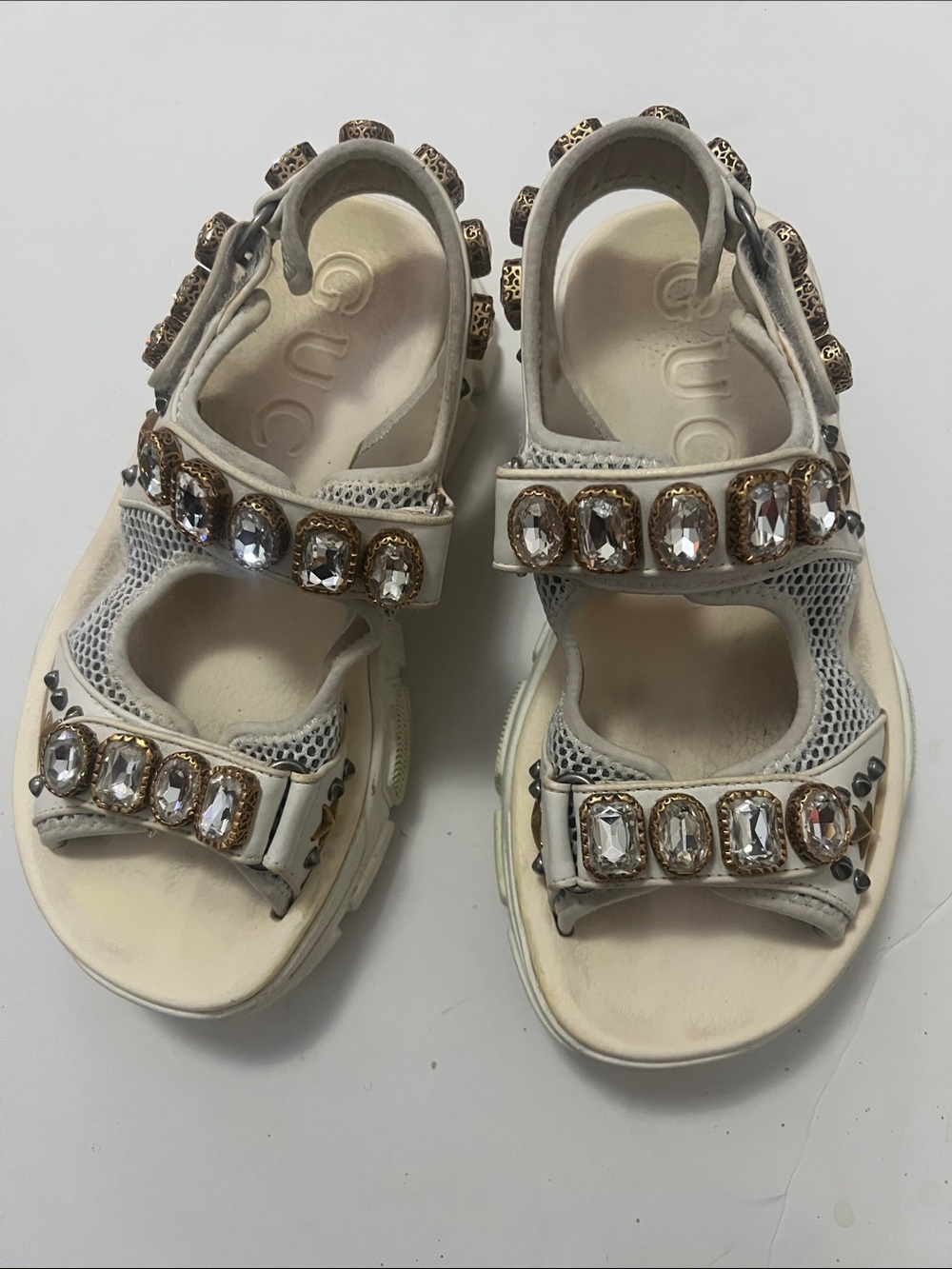 GUCCI AGURU CRYSTAL EMBELLISHED LEATHER & MESH SANDALS SIZE 38